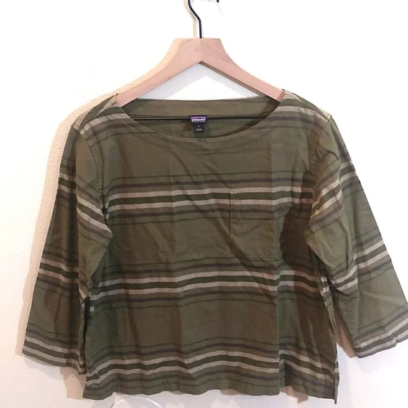 Patagonia Catbells Green Stripe 3/4 Sleeve Shirt size Large - Picture 2 of 6